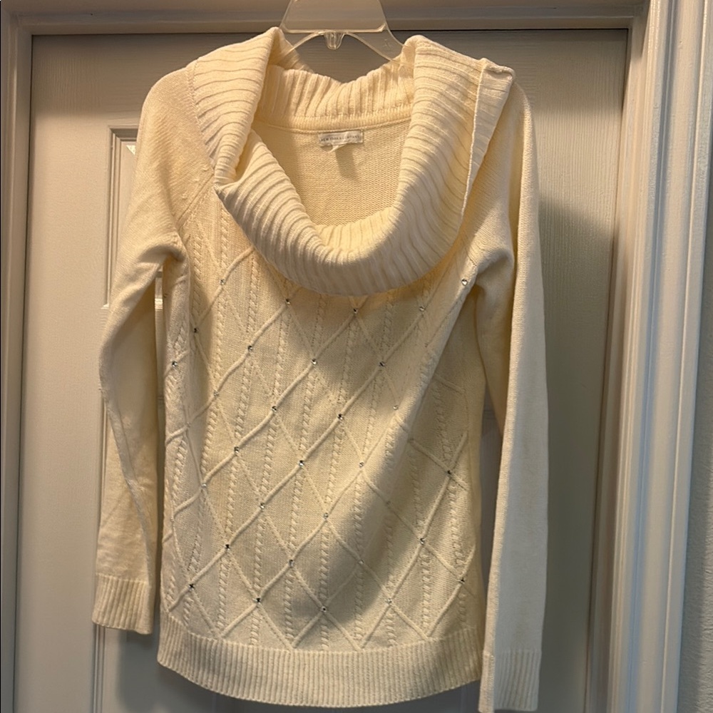 New York & Company Cream Cowl Neck Sweater with Cable Knit